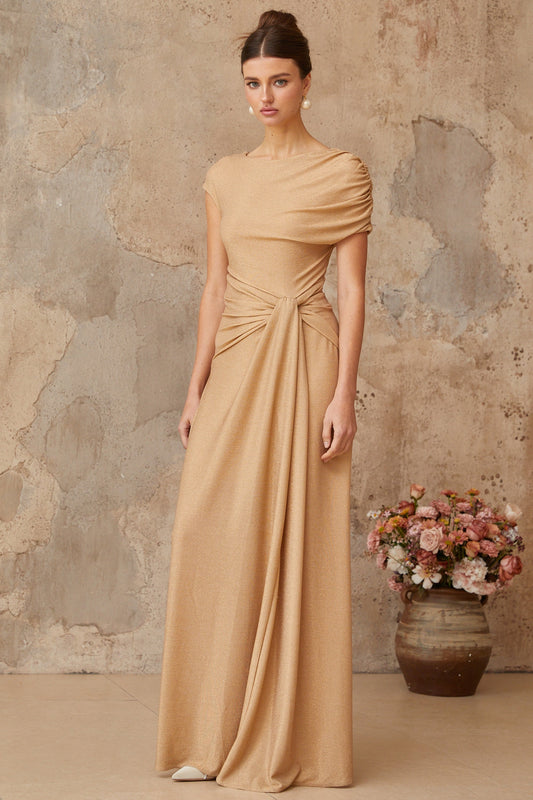 Rosalie gold asymmetrical pleated maxi dress