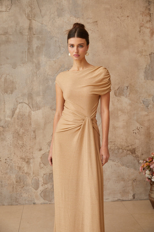 Rosalie gold asymmetrical pleated maxi dress