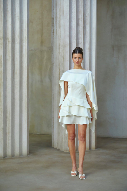 Lyna White Satin Ruffled Mini Dress with Shawl Panel Detail