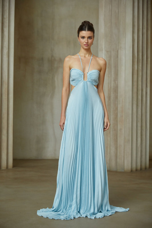 Andréa Blue Pleated Maxi Dress with Cutout Detail