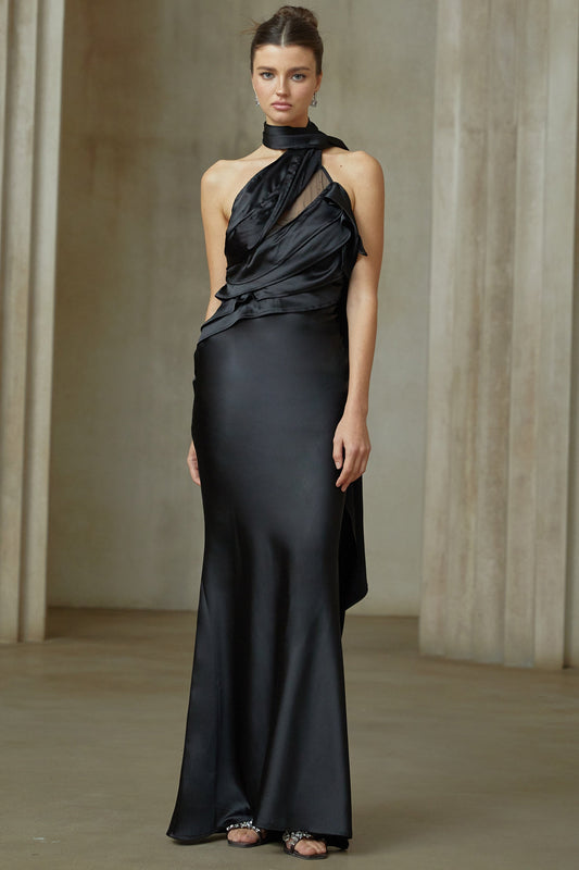Maureen black ribbon-design satin maxi dress