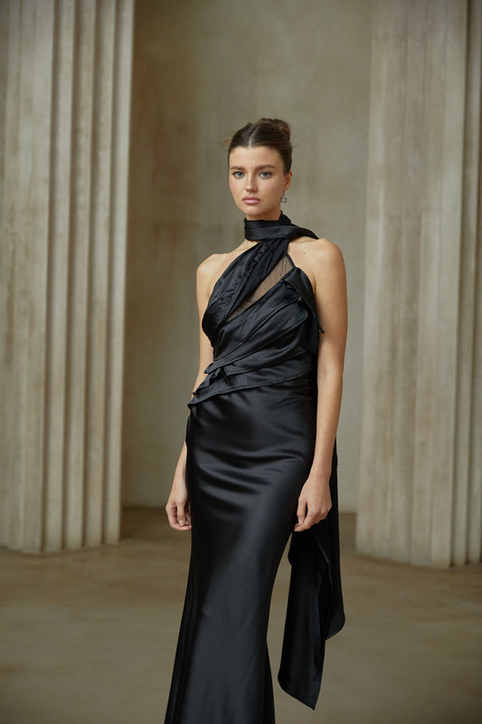 Maureen black ribbon-design satin maxi dress