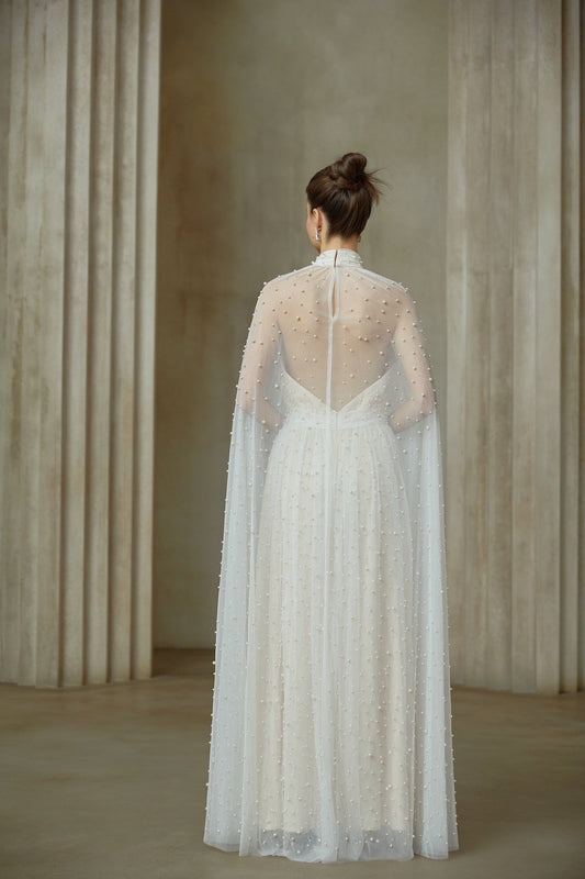 Louane white cape-design embellished tulle maxi dress