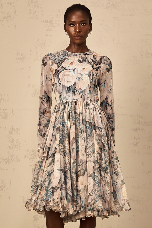 Mélanie Floral Print Pleated Chiffon Midi Dress