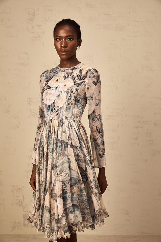 Mélanie Floral Print Pleated Chiffon Midi Dress