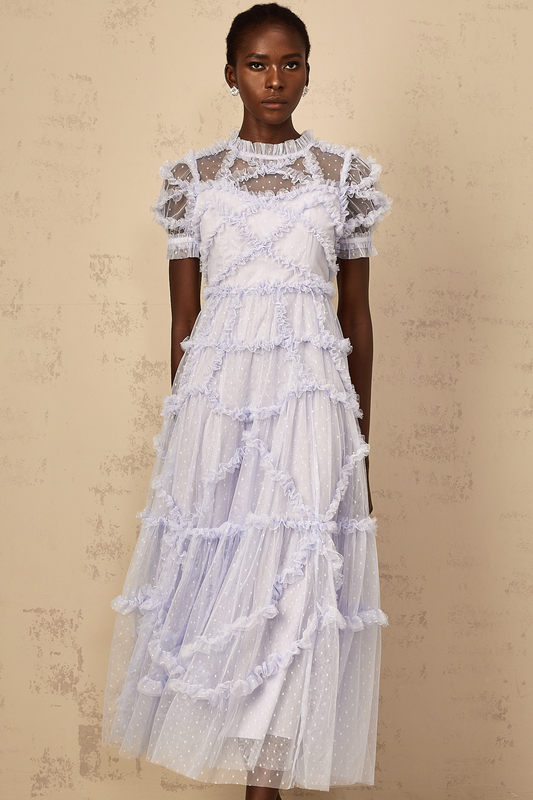 Annabelle Blue Polka Dot Ruffled Tulle Maxi Dress