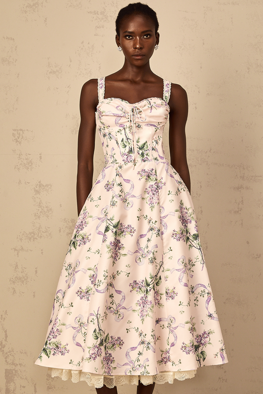 Eole Pink Floral Print Shirred Midi Dress