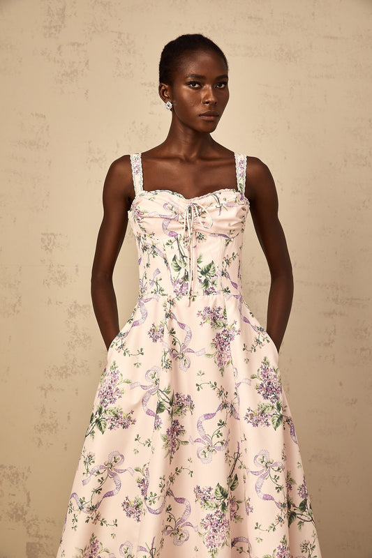 Eole Pink Floral Print Shirred Midi Dress