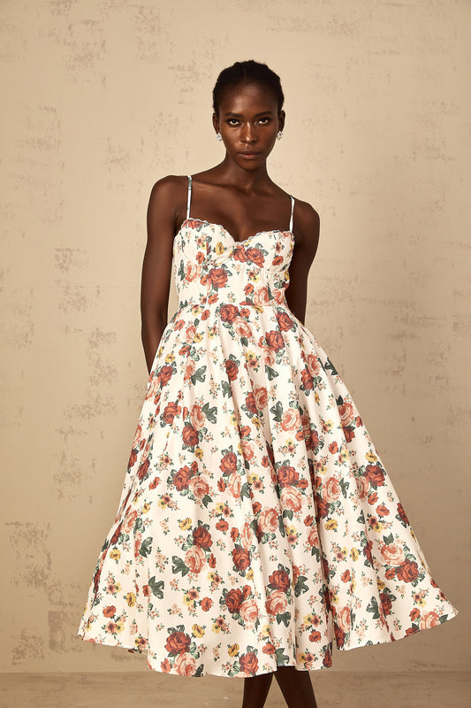 Airelle White Rose Print Flounced Midi Dress