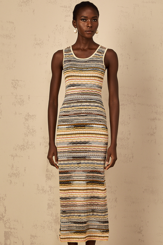 Quentin Yellow Striped Crochet Knit Midi Dress