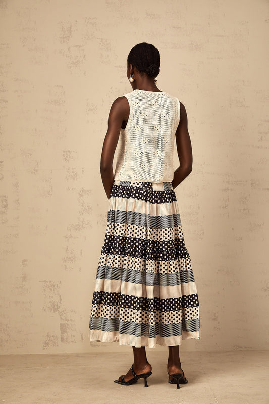 Joséphine Color Block Shirred Polka Dot Skirt