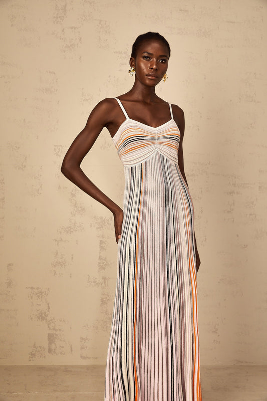 Bruyère Neutral Sequin Striped Knit Maxi Dress