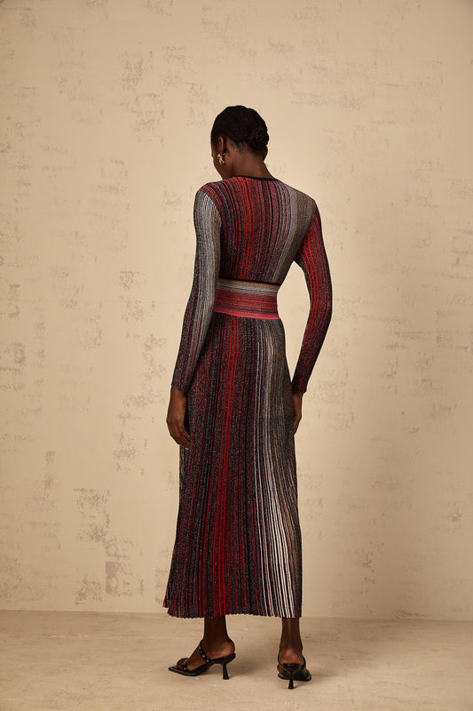 Amaryllis Red Long Sleeve Sequin Striped Knit Maxi Dress