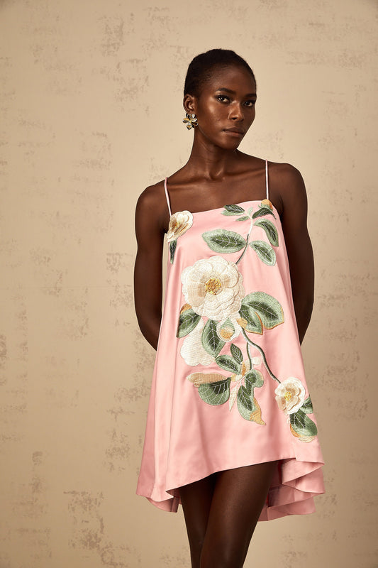 Avril Pink Floral Embroidered Satin Mini Dress