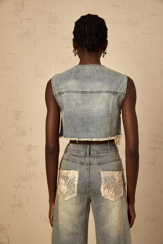 Amaryllis blue lace-panelling cropped denim top
