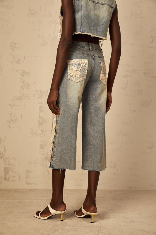 Amaryllis blue floral-lace-panel denim jeans