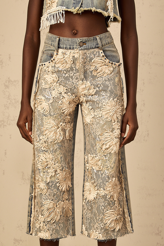 Amaryllis blue floral-lace-panel denim jeans