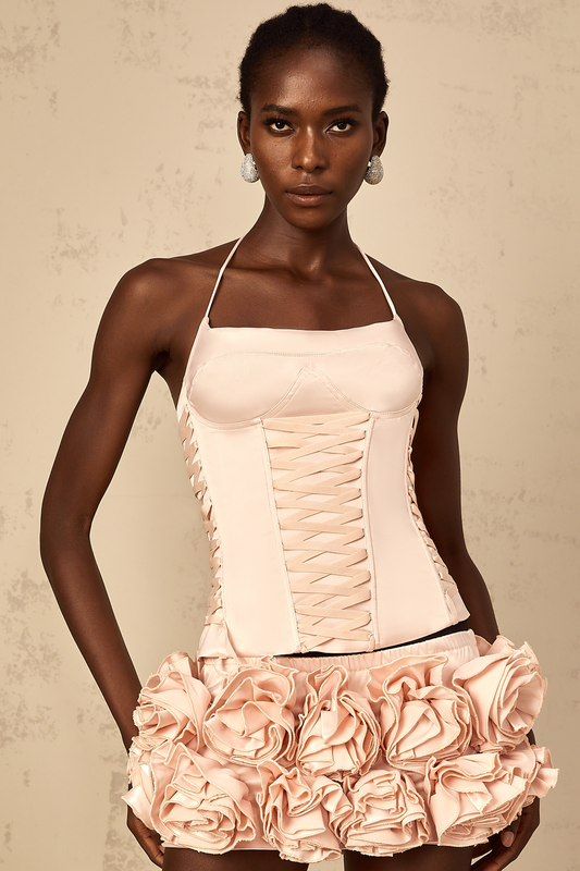 Jeanne pink faux-flower lace-up top & skirt matching set