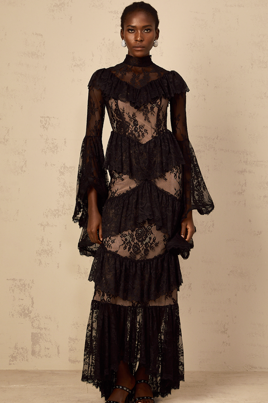 Roxane black floral-lace ruffled maxi dress