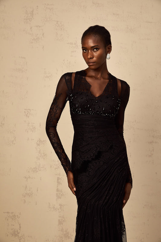 Ursula black floral-lace mermaid maxi dress