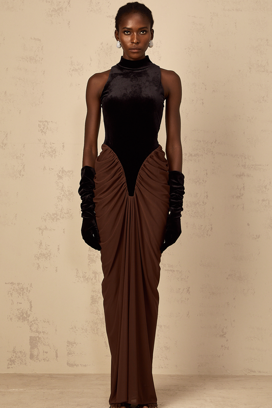 Mathilde brown velvet-panel ruched maxi dress