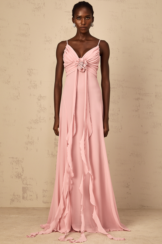 Ysandre Soft-Pink 3D Petal Tulle Maxi Dress