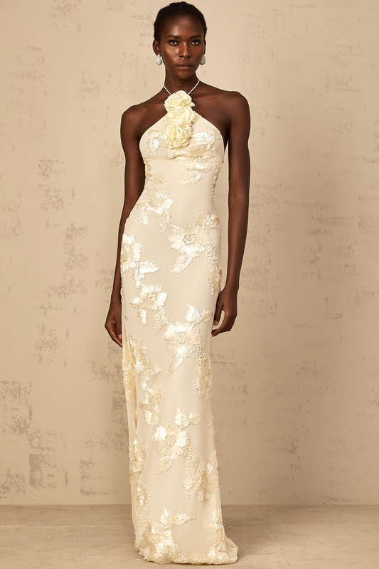 Melanie Neutrals Embroidered Halterneck Maxi Dress