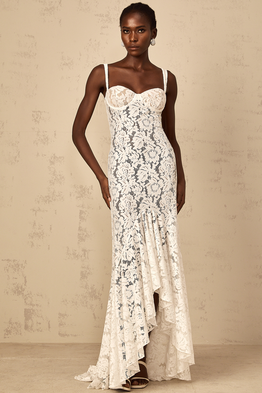 Abbie White Floral Lace Bustier Maxi Dress