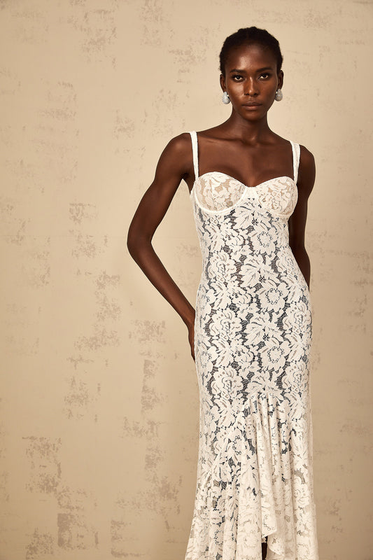 Abbie White Floral Lace Bustier Maxi Dress