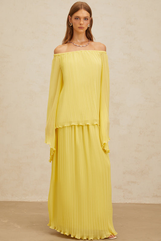 Yseult Yellow Pleated Casual Blouse & Skirt Set