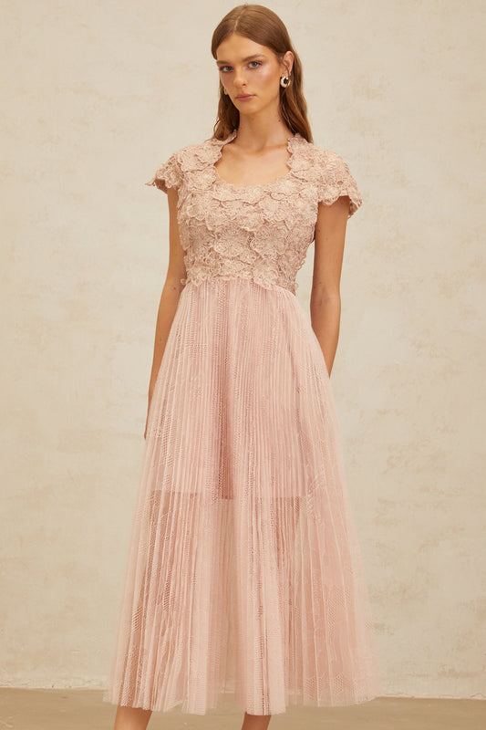 Airelle Pink Floral Embroidered Tulle Midi Dress