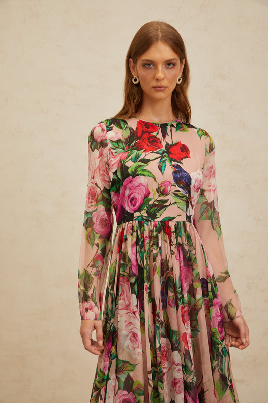 Coralie Pink Rose Print Summer Silk Midi Dress