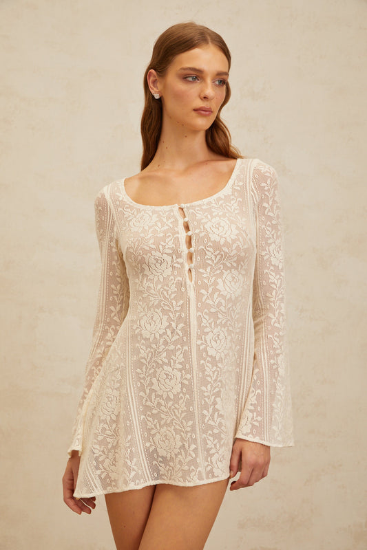 Céline White Flared Crochet Knit Mini Dress