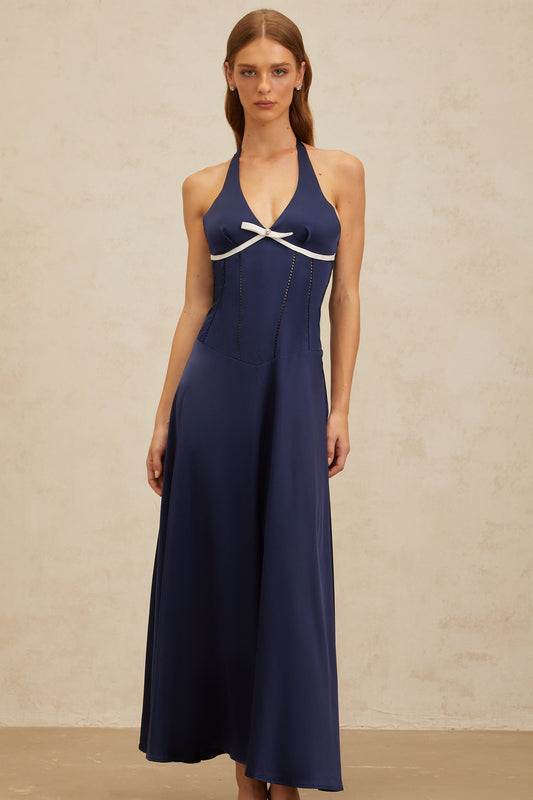 Vérane Sapphire Bowknot Satin Maxi Dress