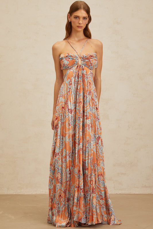 Andréa Orange Floral Print Pleated Maxi Dress with Cutout Detail