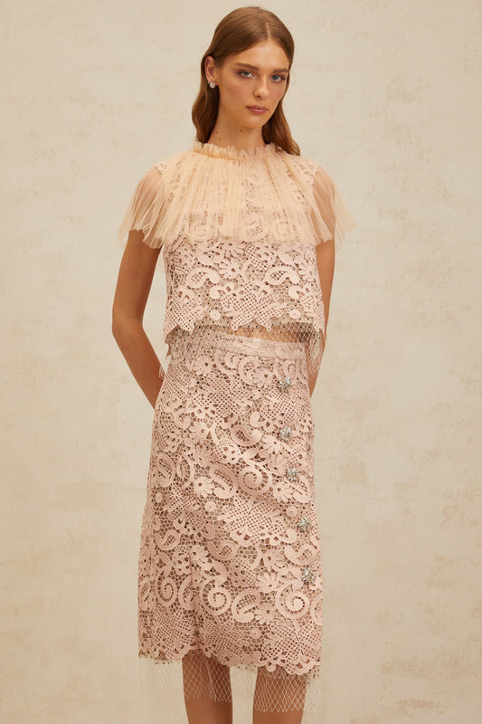 Estelle Pink Corded Lace Top & Skirt Set