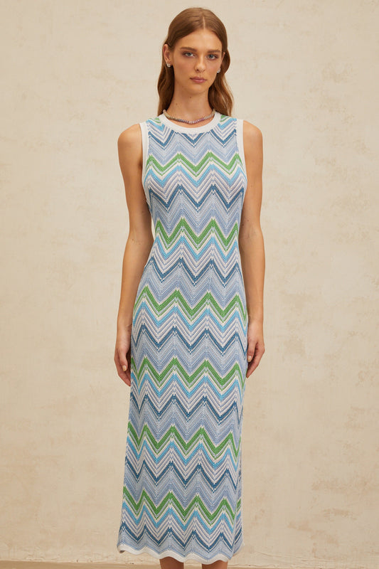 Solène Blue Chevron Knit Midi Dress