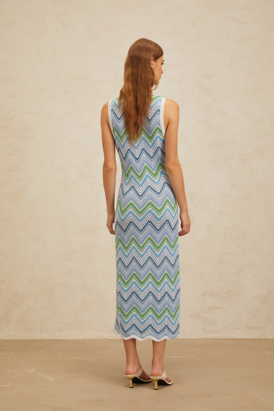 Solène Blue Chevron Knit Midi Dress