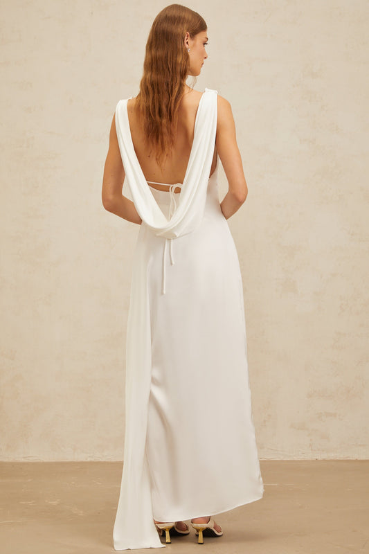 Éliane White Open-Back Satin Maxi Dress
