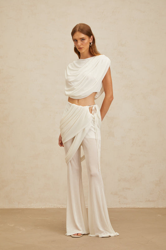 Dulcie White Asymmetrical Ruched Matching Set