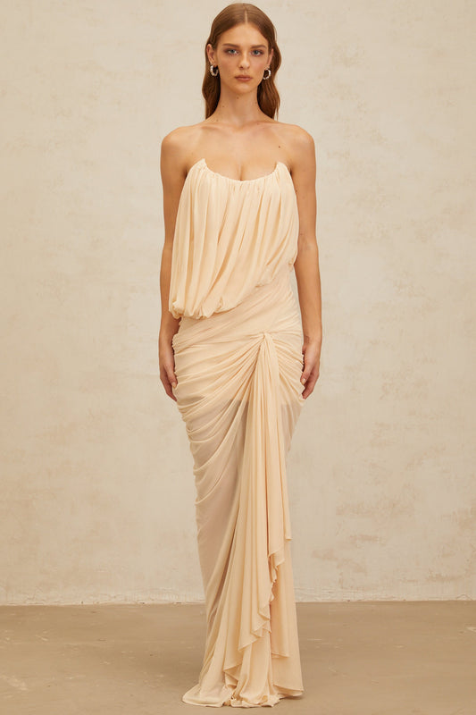 Xénia Neutrals Draped Ruched Maxi Dress