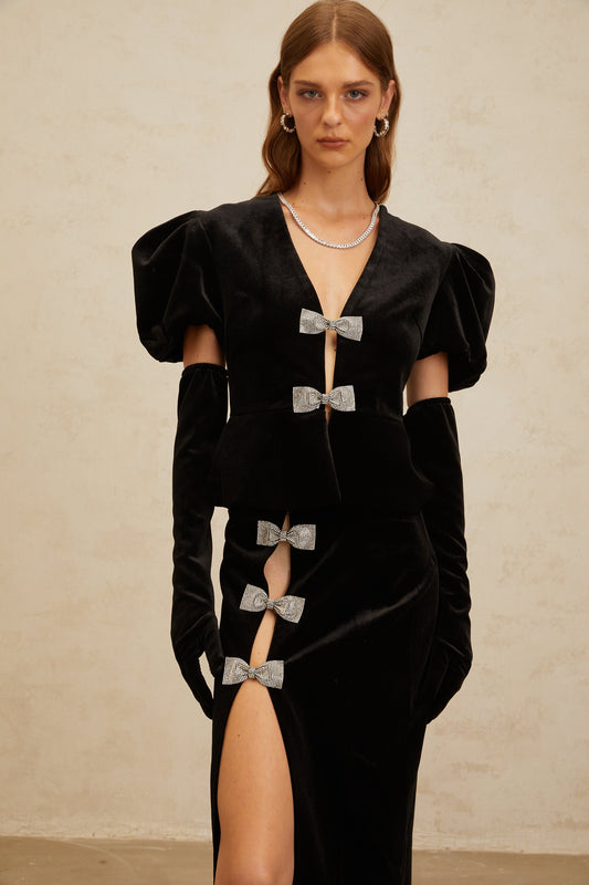 Adèle Black Bowknot Cut-Out Velvet Top & Skirt Matching Set