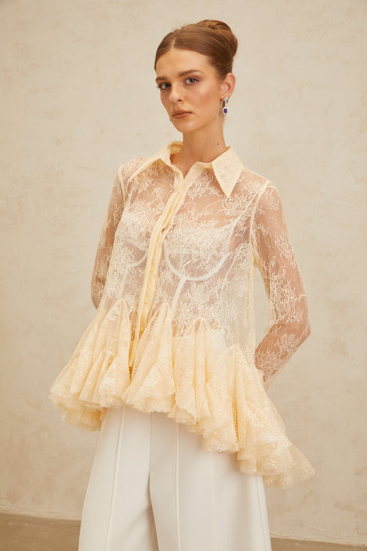 Ingrid Neutral Peplum Floral Lace Blouse