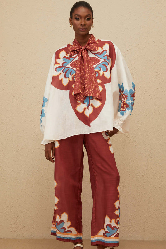 Énigmatique Brown Graphic Print Blouse & Trousers Co-ord