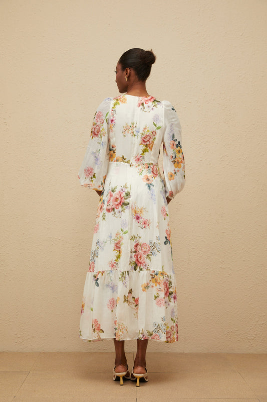 Noémie White Floral Print V-Neck Midi Dress