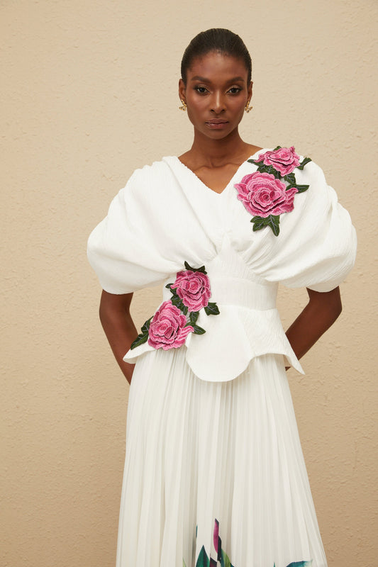 Pétale White Rose Appliqué Maxi Dress