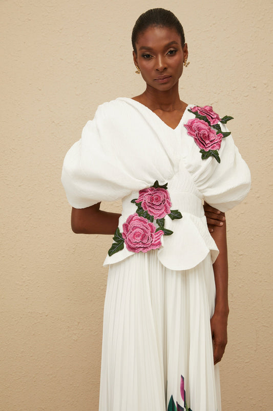Pétale White Rose Appliqué Maxi Dress