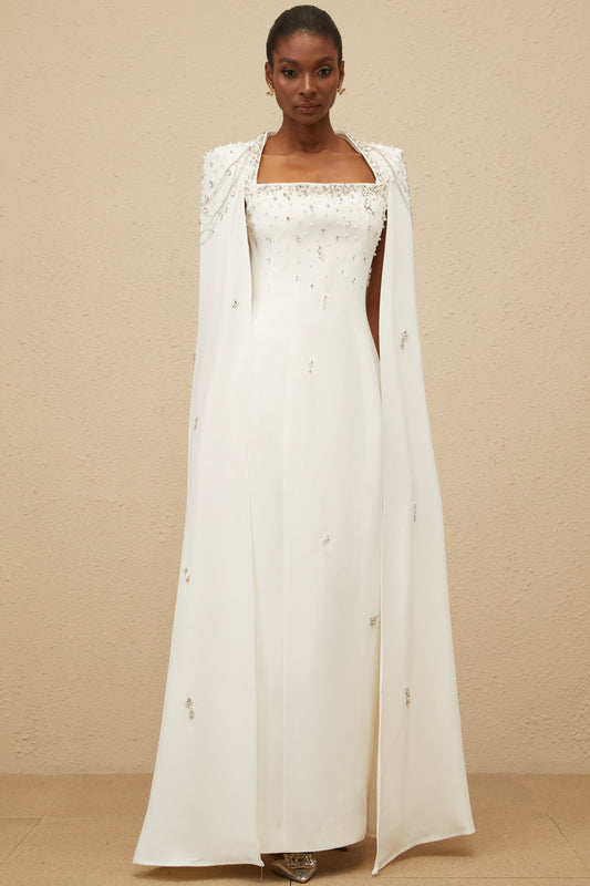 Épuré White Embellished Cape Gown