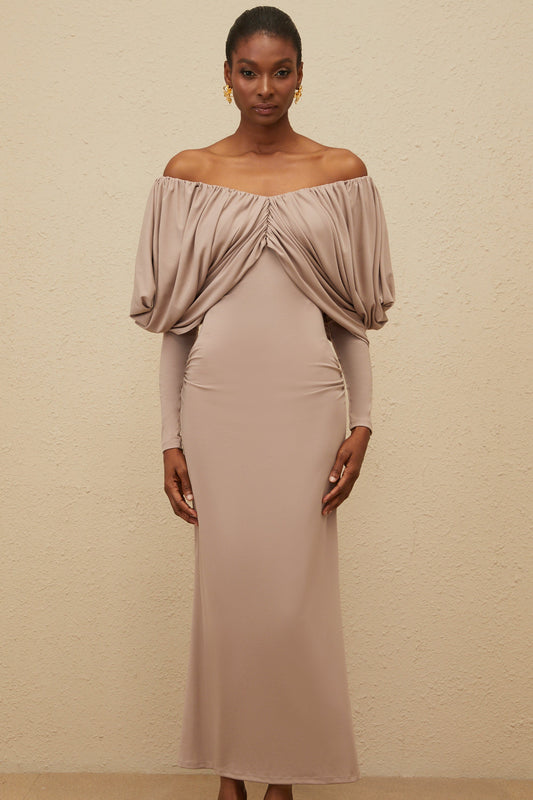 Roxane Grey Ruched Shift Midi Dress