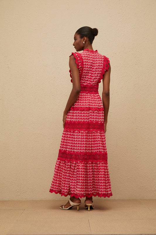 Ténébreuse Red Scalloped Lace Panel Maxi Dress